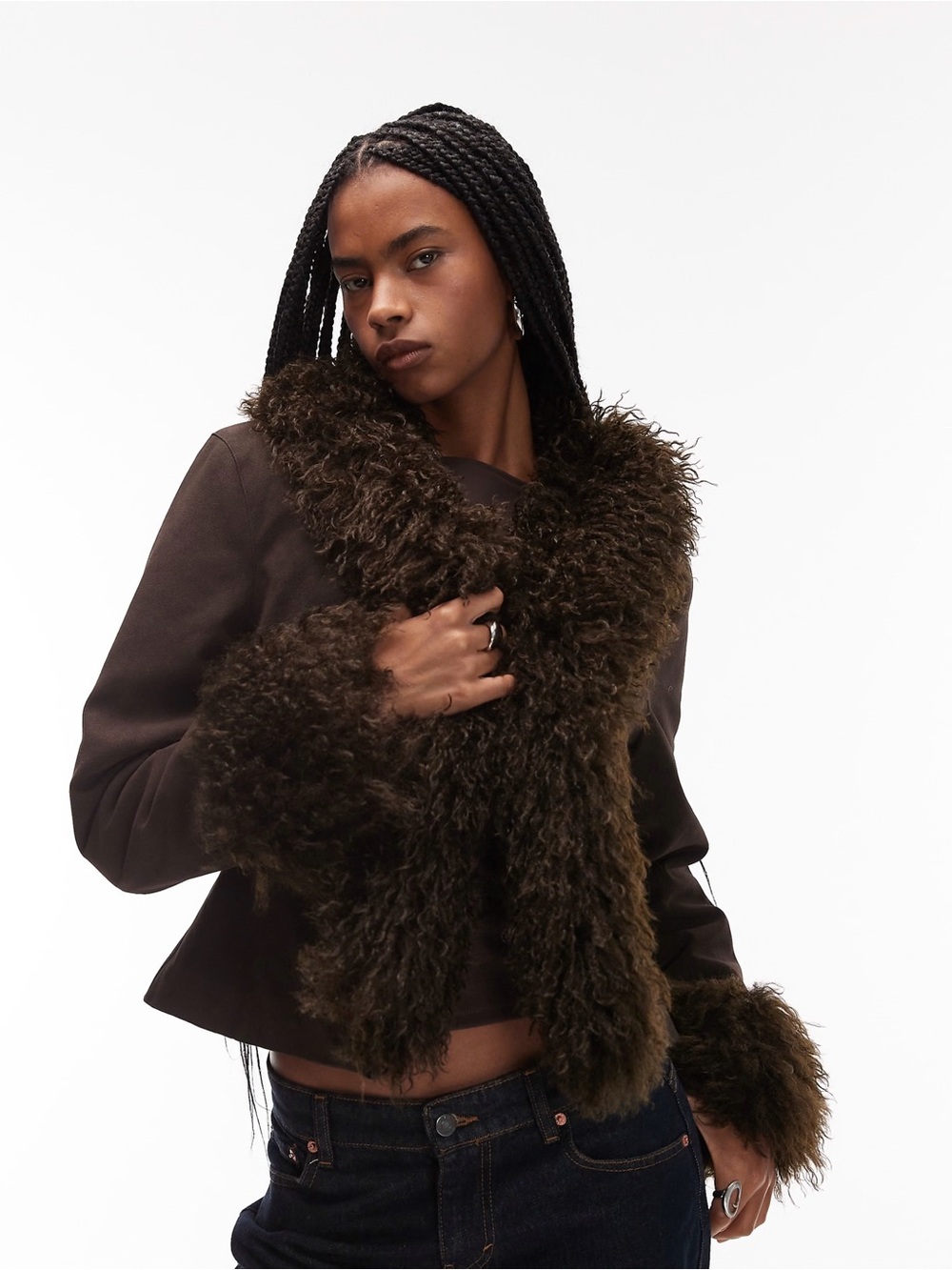 COLLUSION Faux Fur Trim Afghan Jacket in Chocolate Brown - Large
